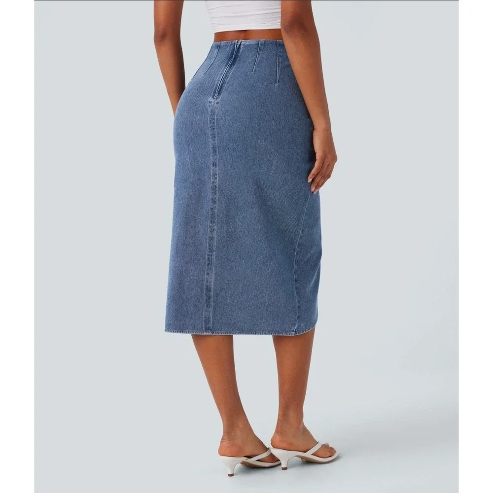 NWT Halara Flex High Waisted Ruched Tulip Hem Denim Midi Skirt XL Blue Stretch - Picture 2 of 5
